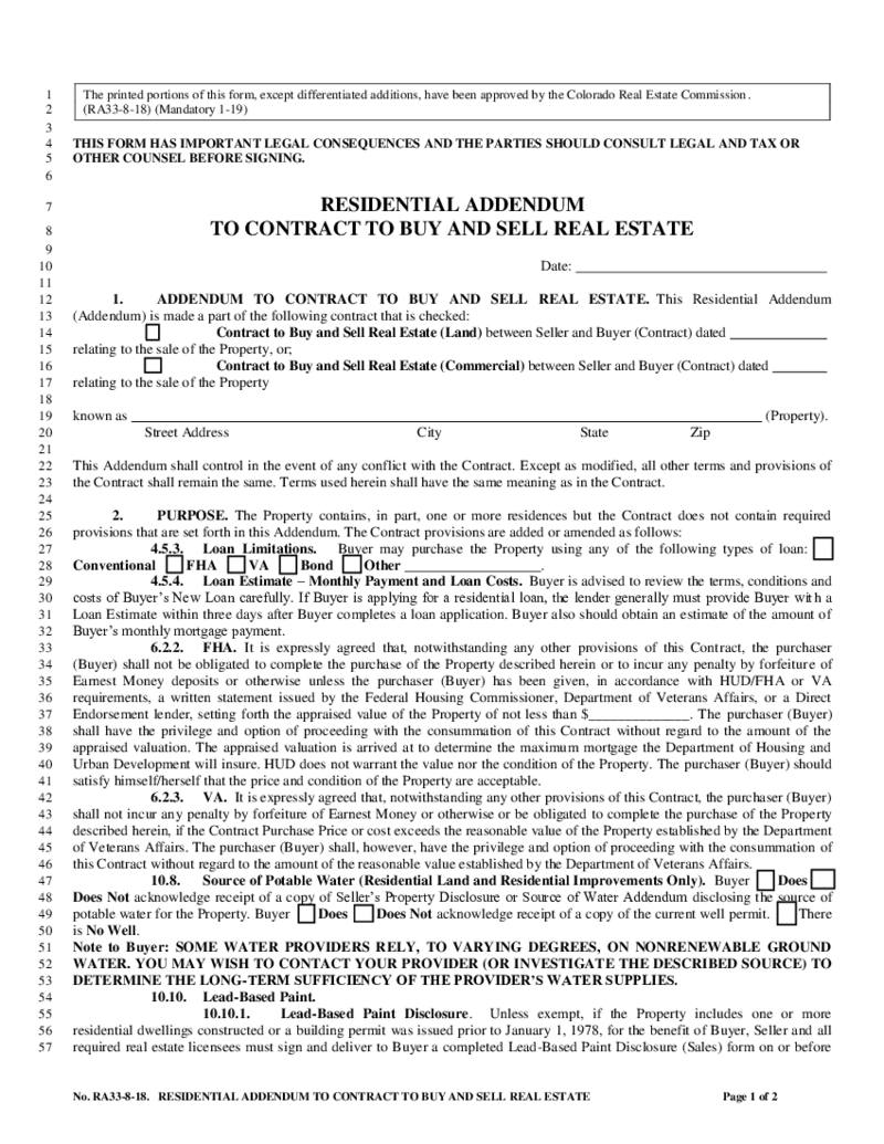 Colorado DORA Residential Addendum to Contract to Buy and Sell Real Estate