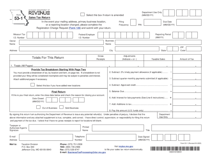 Form 53-1 - Sales Tax Return and Instructions