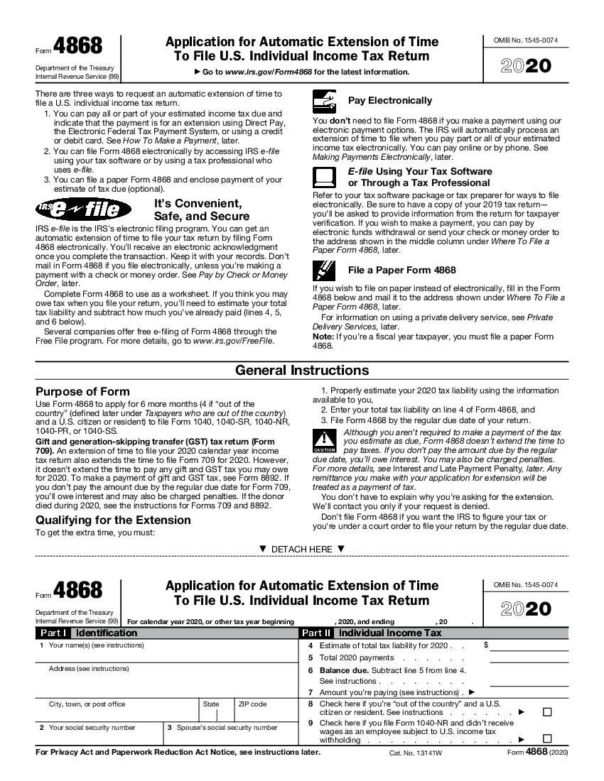 Form 4868 - Tax Extension Form (2020)