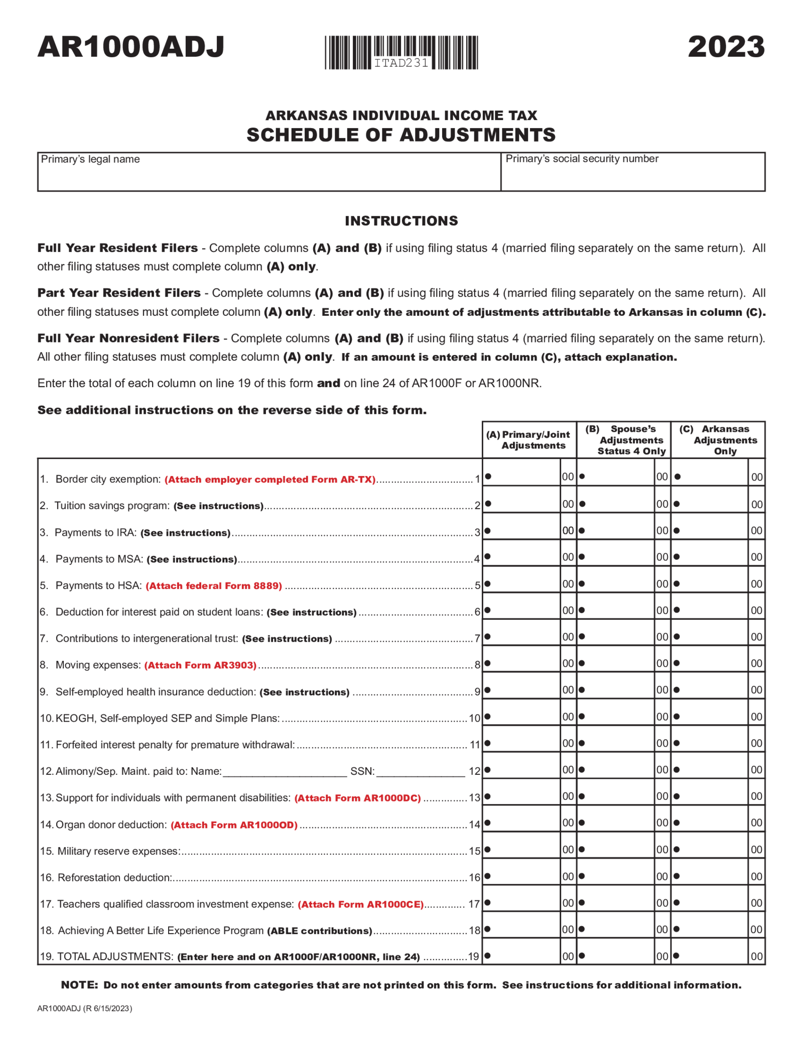 Arkansas Tax Form AR1000ADJ - Thumbnail