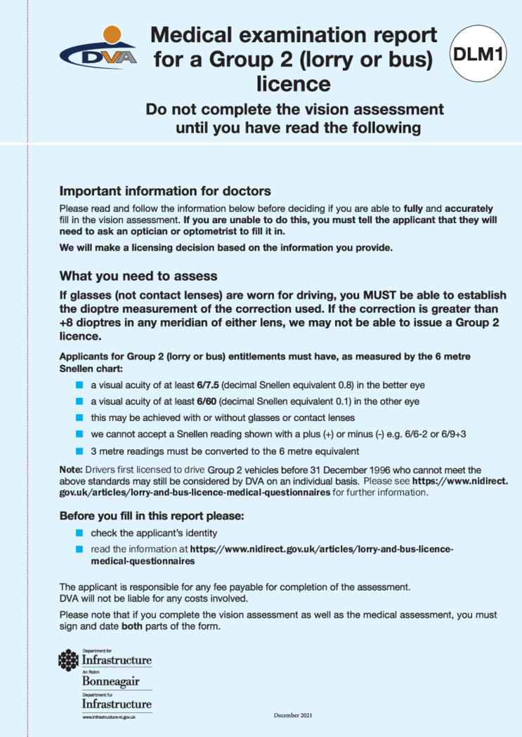 DLM1 Form, Medical report for a Group 2 (lorry or bus) licence