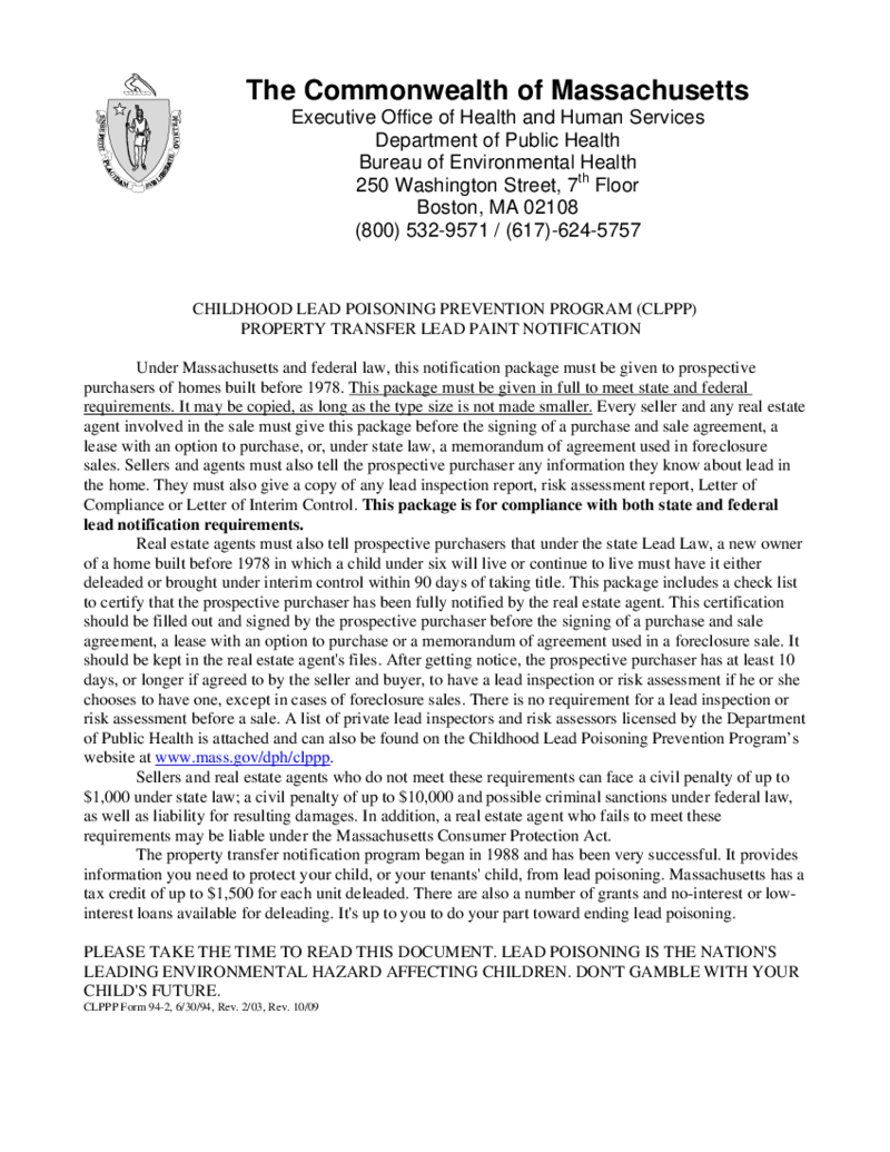 Massachusetts Lead Paint Disclosure Form