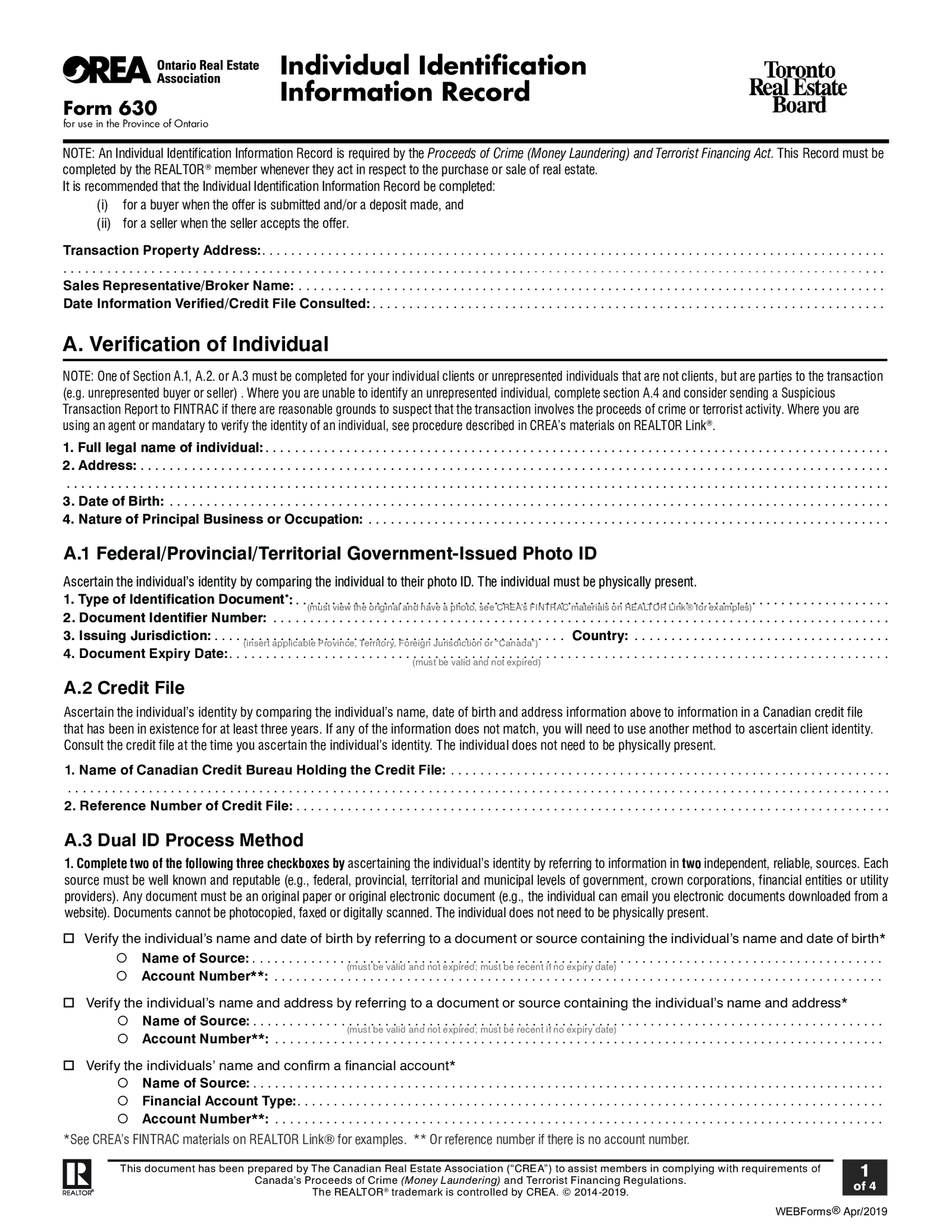 OREA Form 630, Individual Identification Information Record - Thumbnail