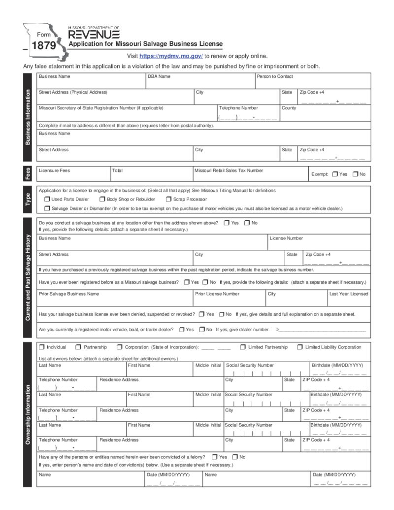 Form 1879 - Application for Missouri Salvage Business License