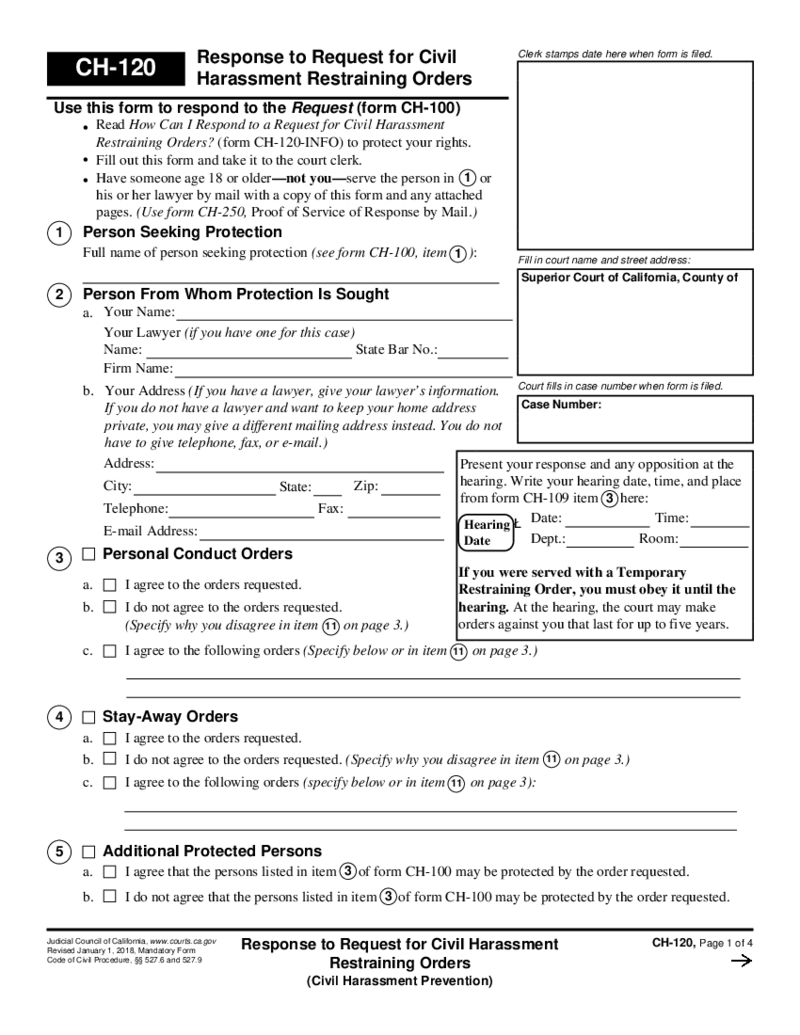 CH-120 Response to Request for Civil Harassment Restraining Orders