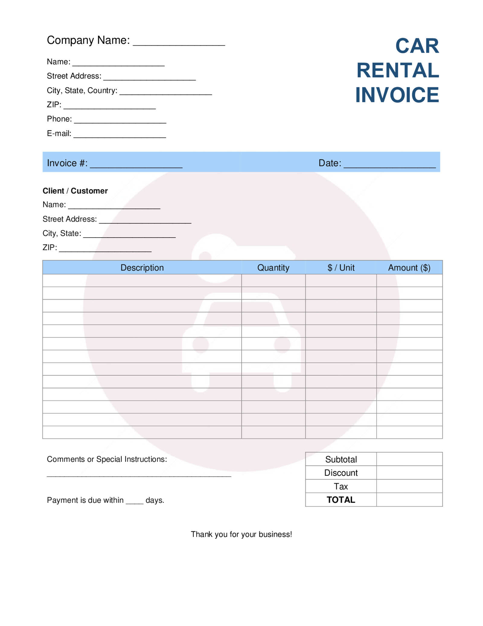 Car Rental Invoice Template - Thumbnail