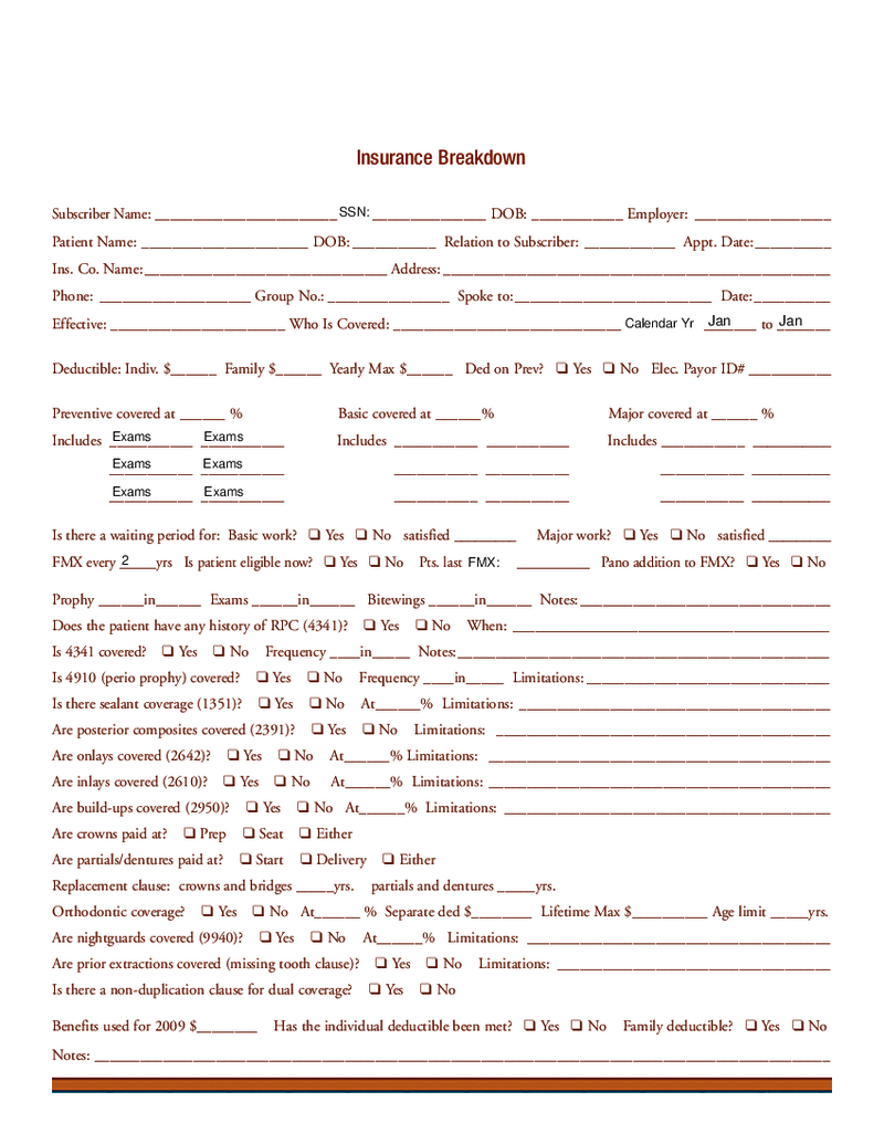 Dental Insurance Breakdown Form