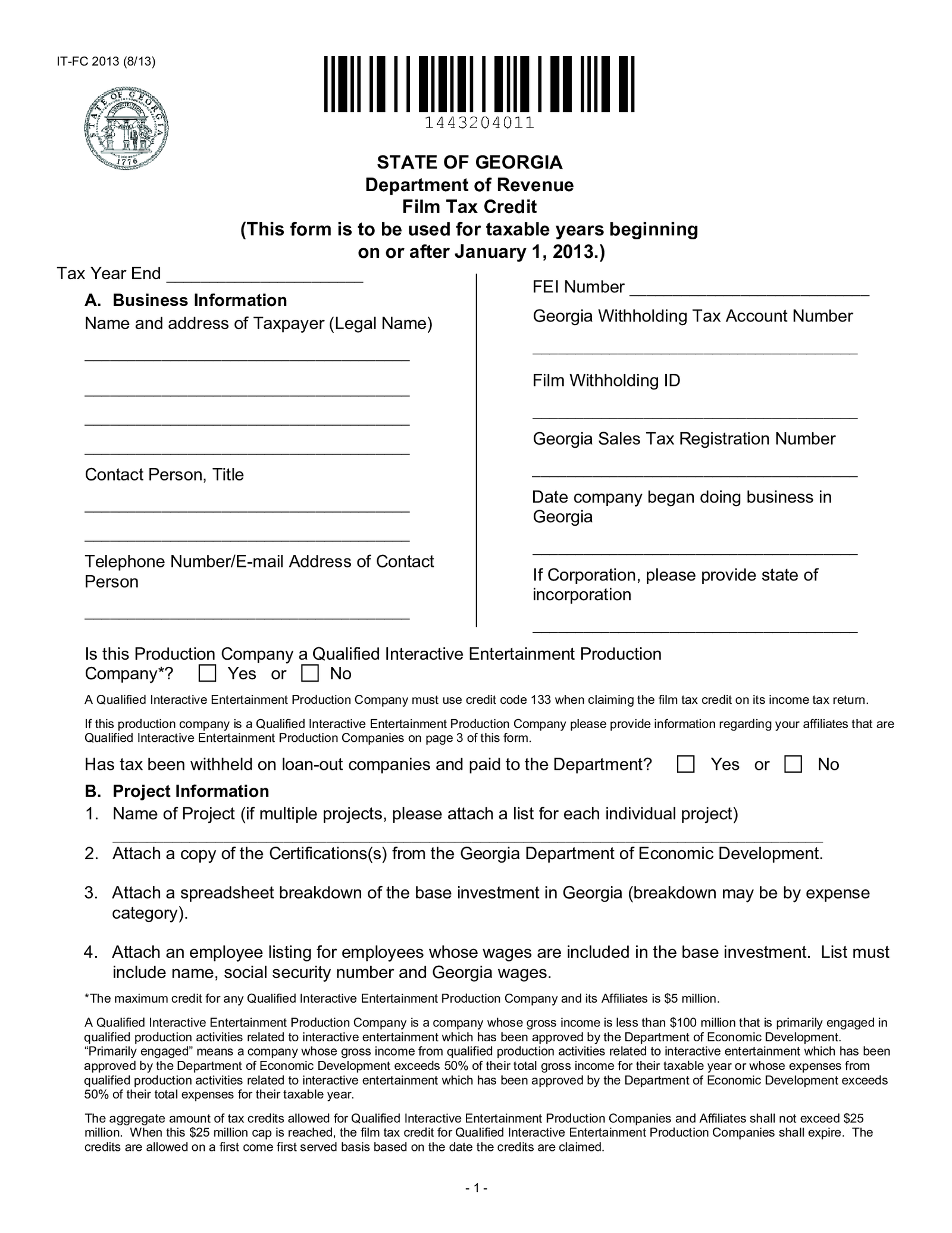 Fillable Form IT-FC - Georgia Department of Revenue - Thumbnail