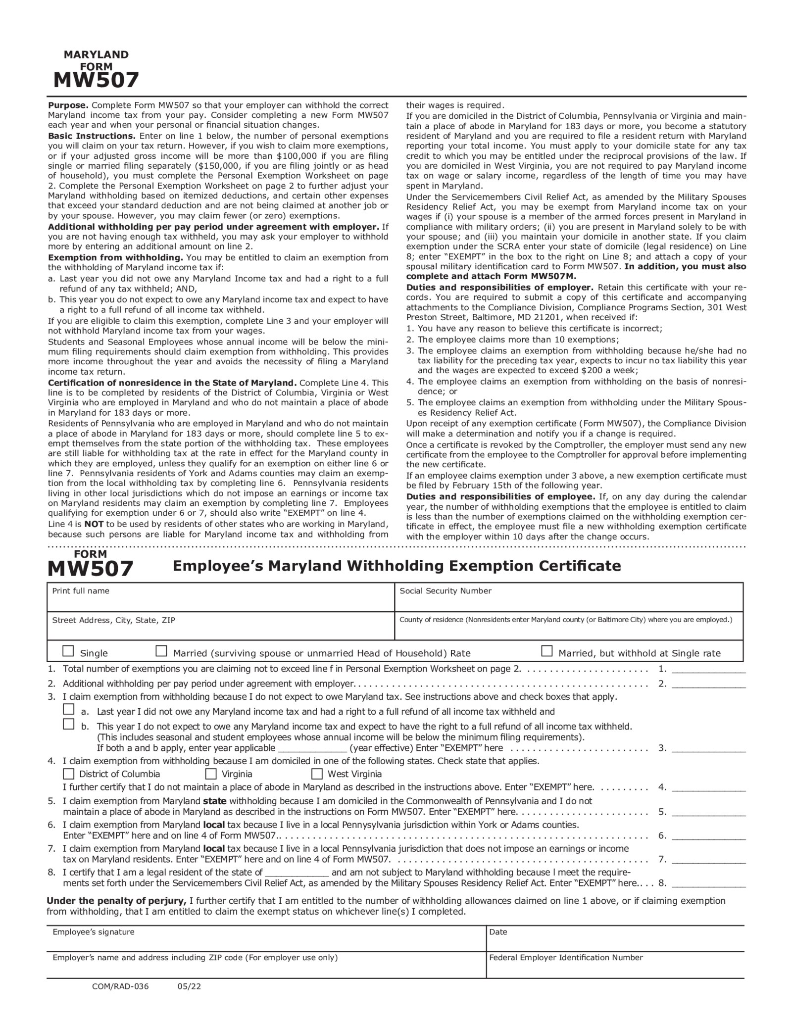 Maryland Tax Form MW507 - Thumbnail