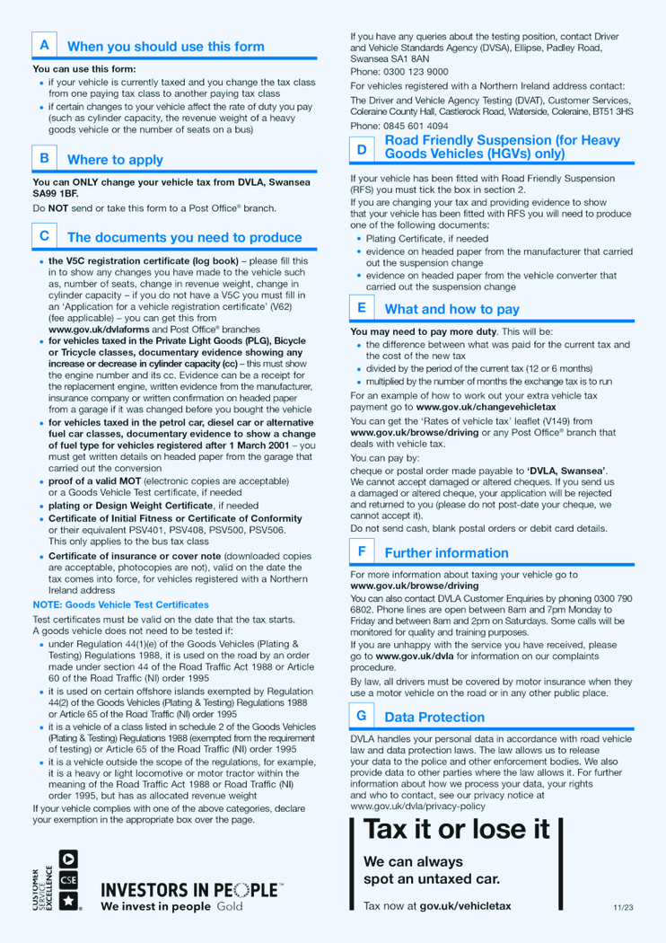 Application to change a vehicle s tax class (V70)