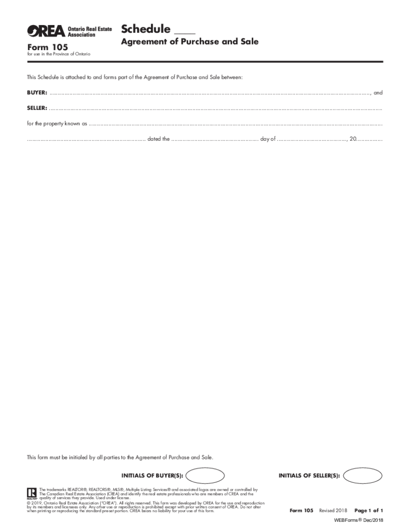 OREA Form 105, Schedule - Agreement of Purchase and Sale