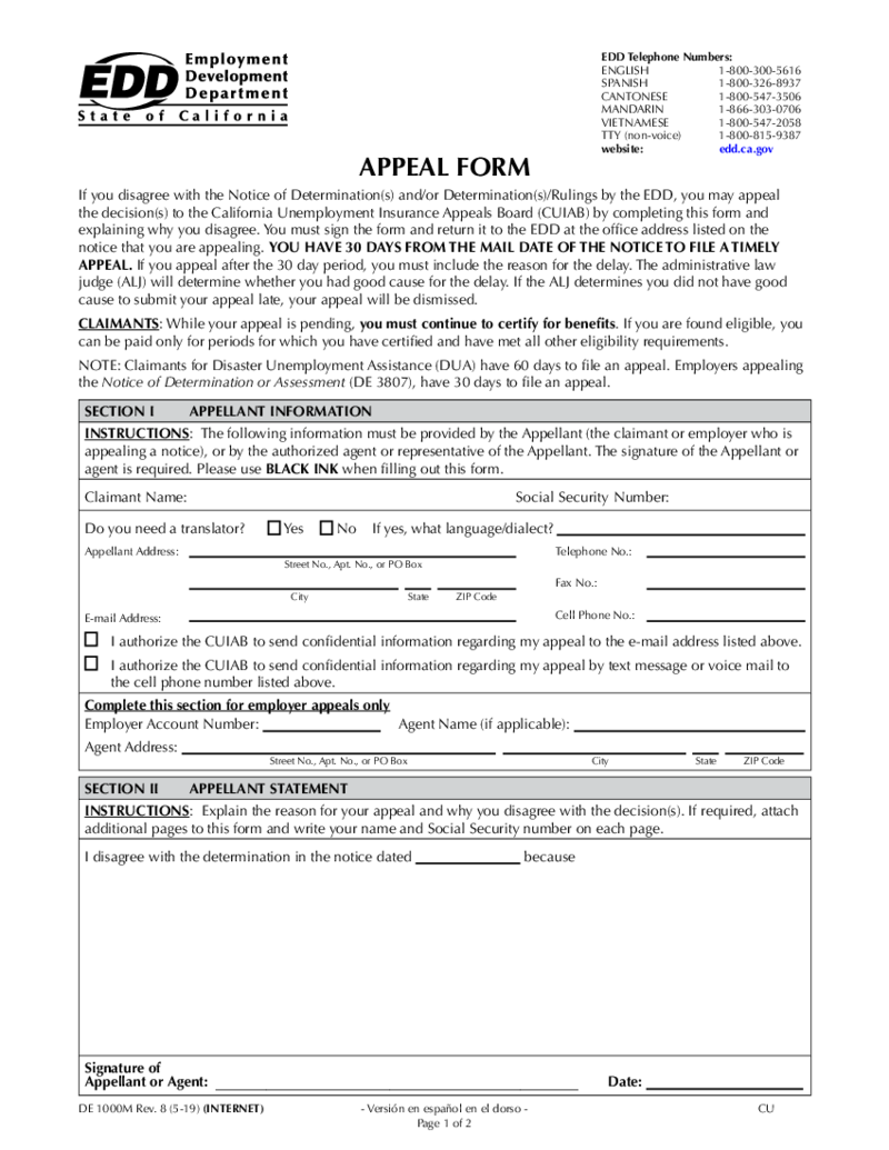 Appeal Form DE 1000M Rev. 8 (5-19)