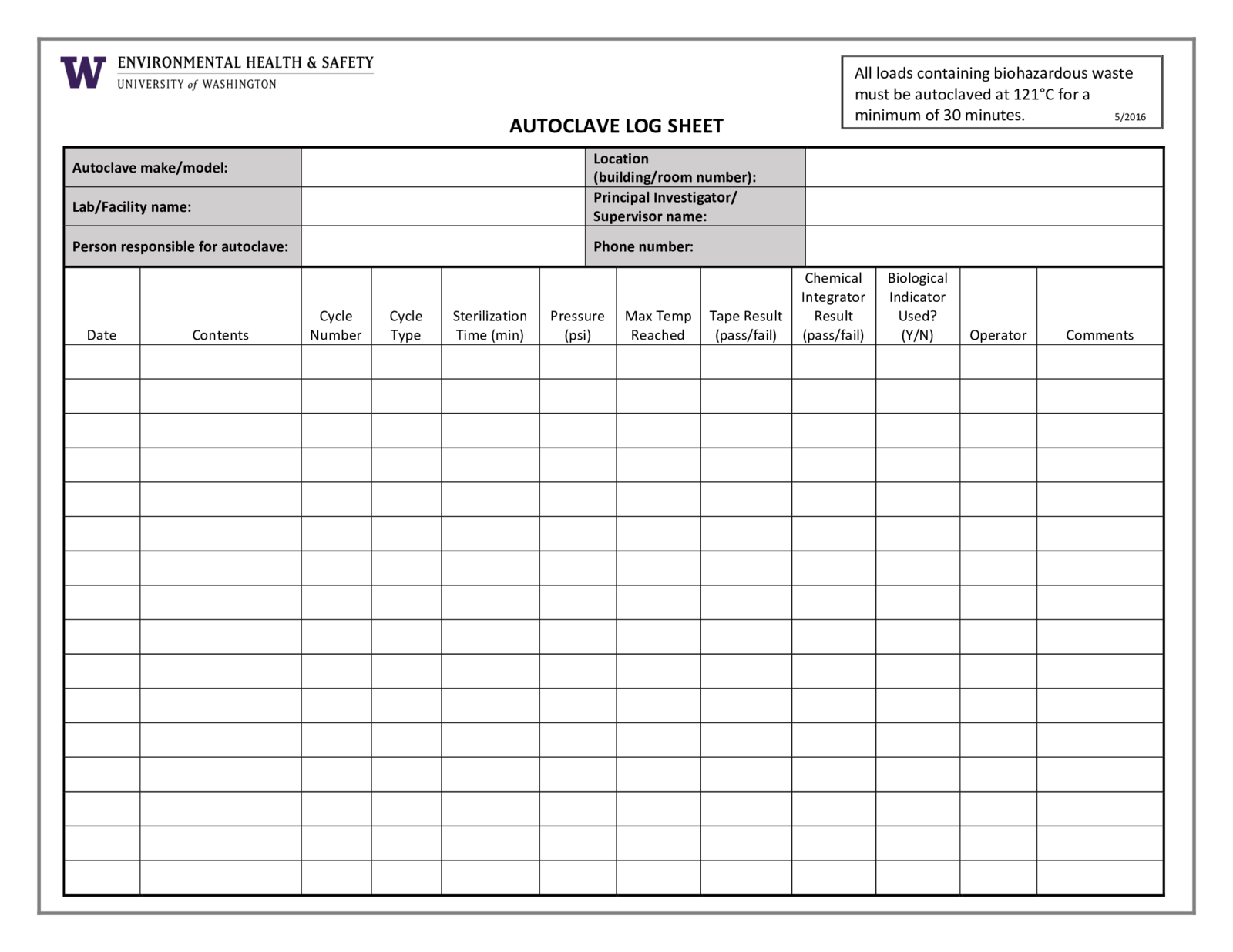 Fillable Autoclave Log Sheet Template - Thumbnail