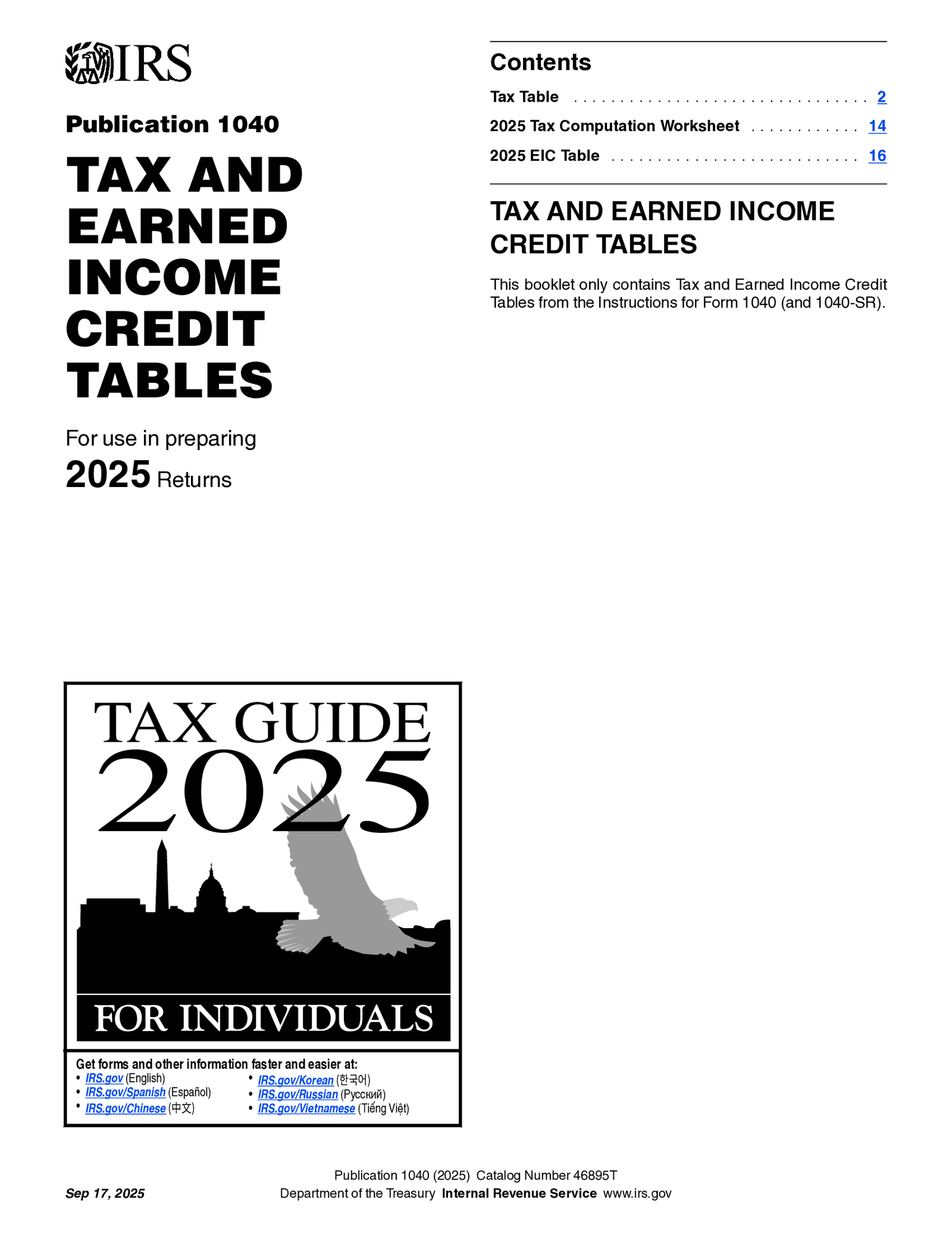 Tax and Earned Income Credit Tables Form 1040 - Thumbnail