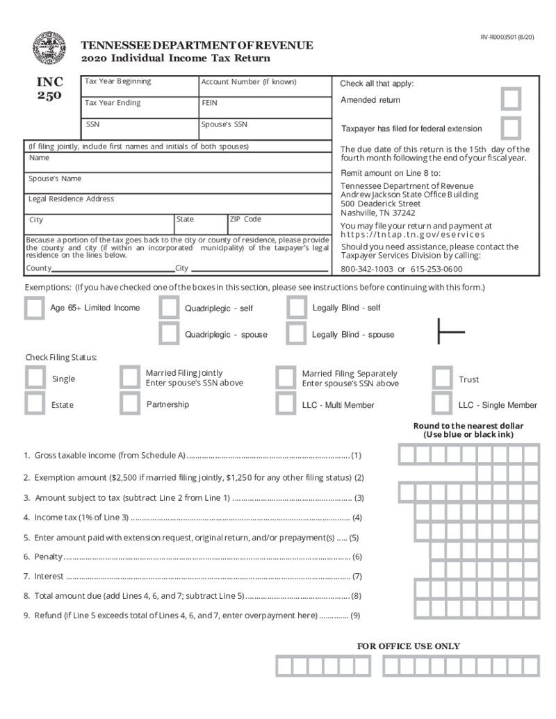 Tennessee Individual Income Tax Return - INC 250