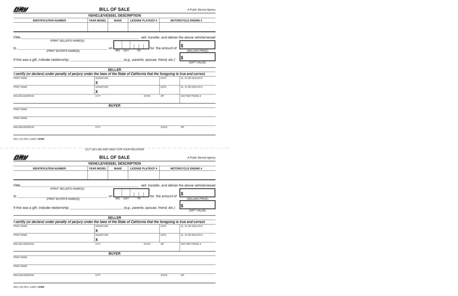 REG 135, Bill of Sale - Thumbnail