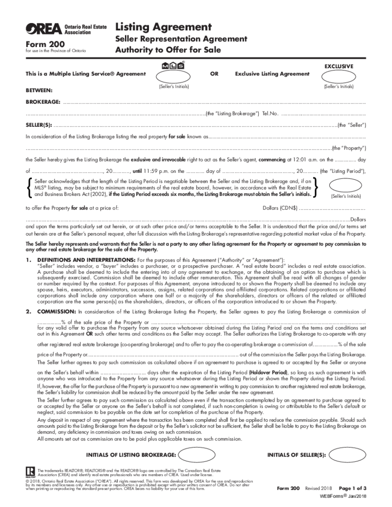 OREA Form 200, Listing Agreement, Seller Representation Agreement