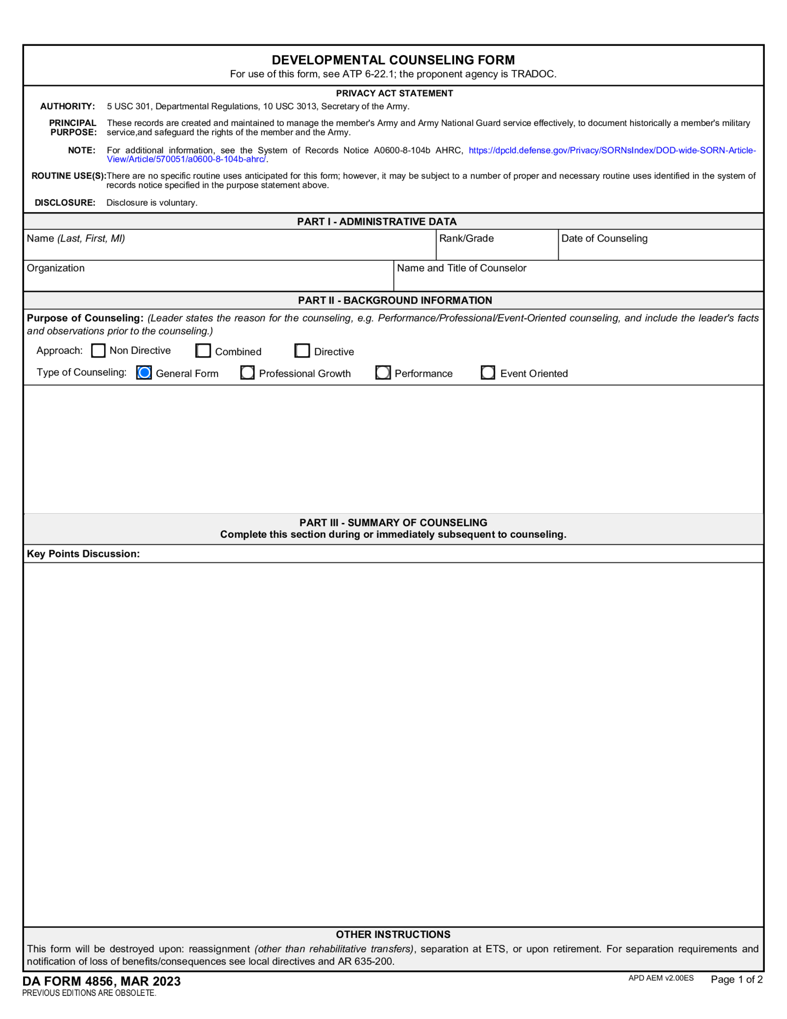 DA Form 4856, Developmental Counseling Form - Thumbnail