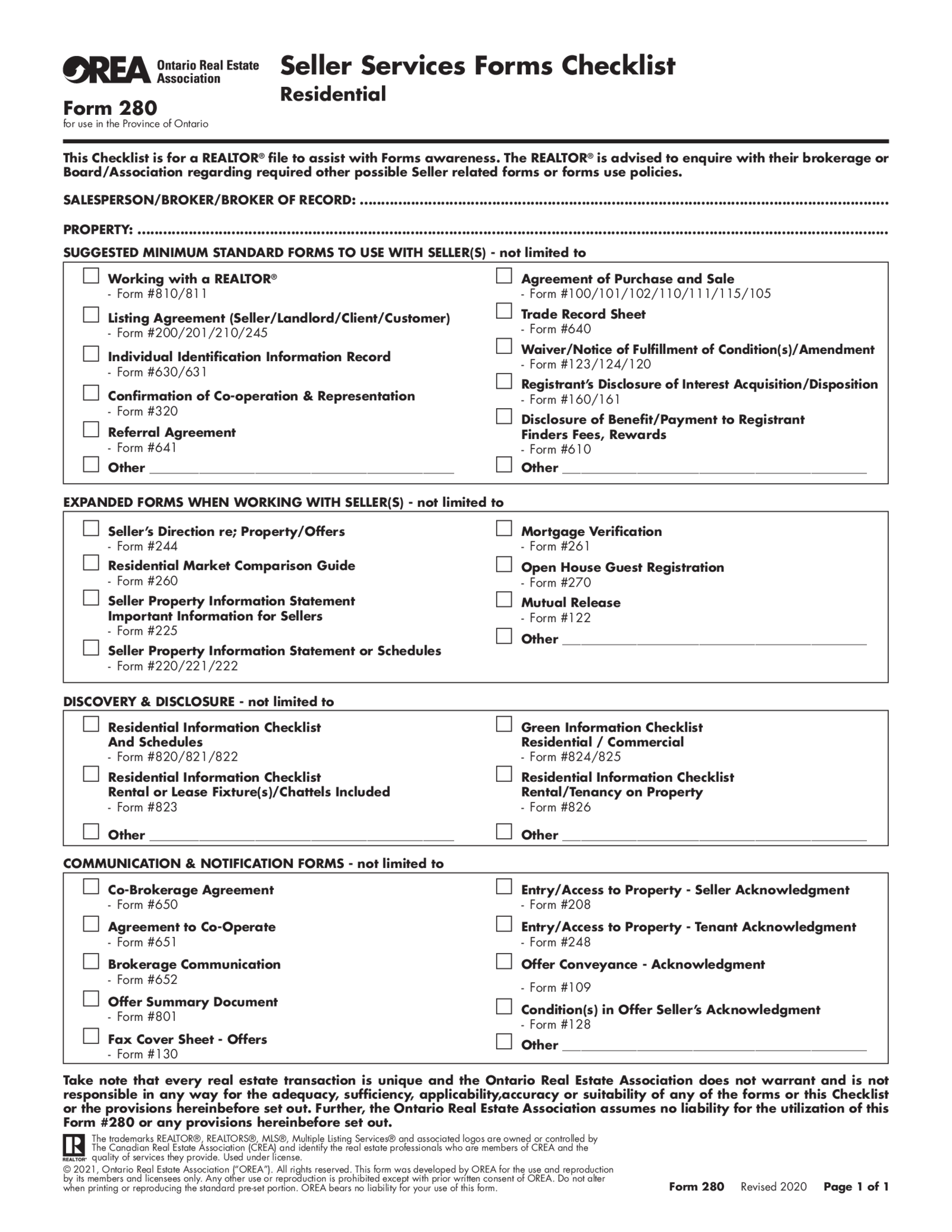 Form 280, Seller Services Forms Checklist - Residential - Thumbnail