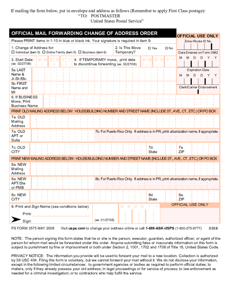 PS Form 3575 - Change of Address Form (2008)