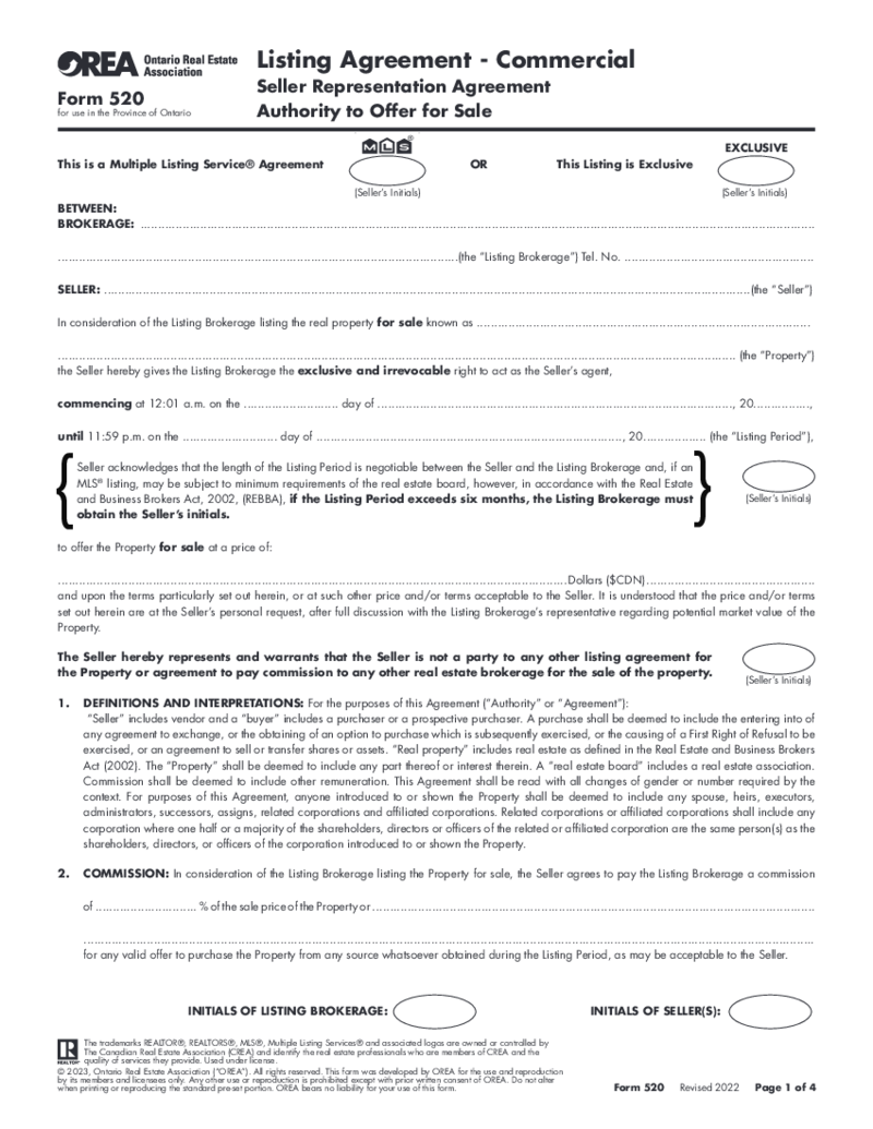 Form 520, Listing Agreement, Commercial, Seller Representation Agreement