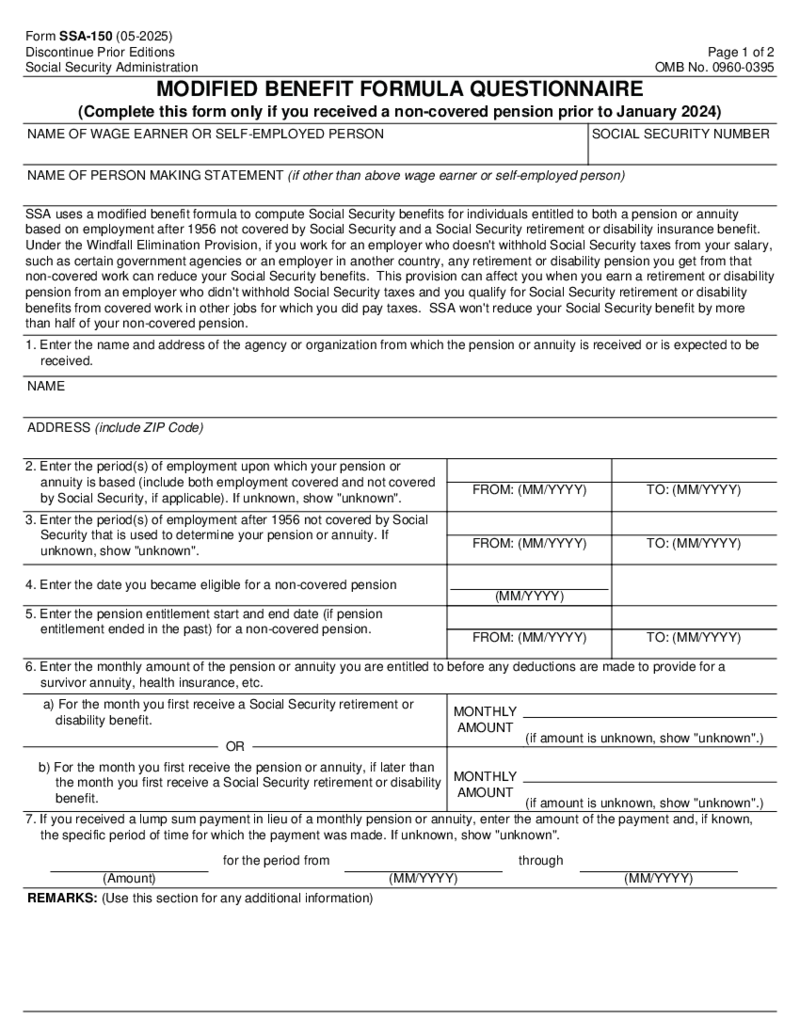 SSA-150 - Modified Benefits Formula Questionnaire
