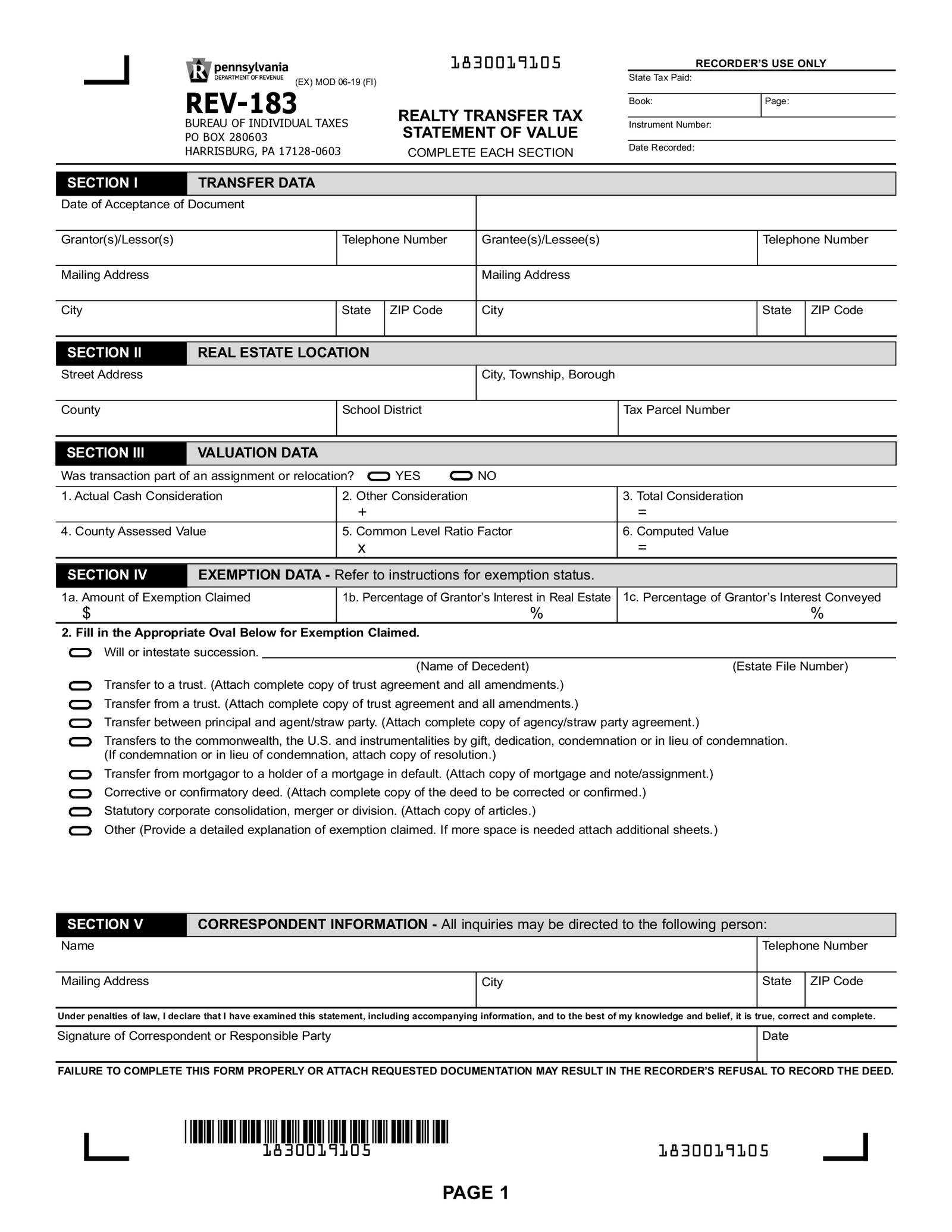 Form REV-183 - Realty Transfer Tax Statement of Value - Thumbnail