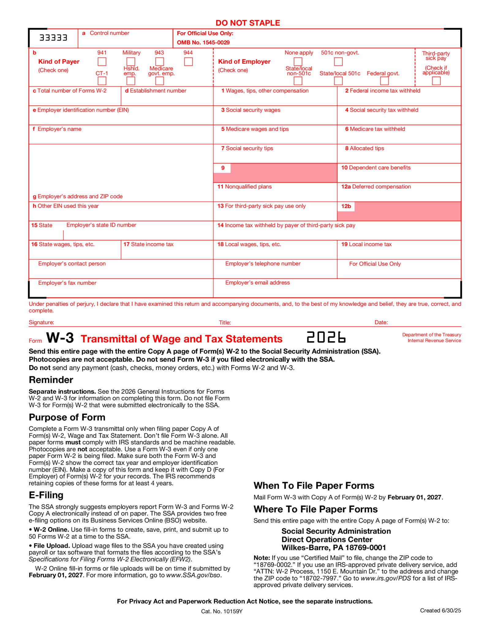 Form W-3 (2026), Transmittal of Wage and Tax Statements - Thumbnail