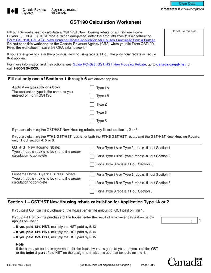 Form RC7190-WS, GST190 Calculation Worksheet
