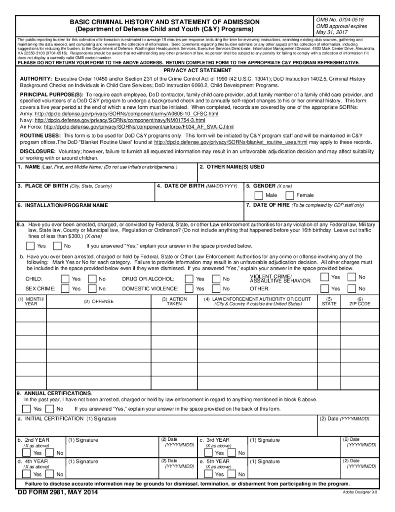 Form DD 2981 Basic Criminal History and Statement of Admission