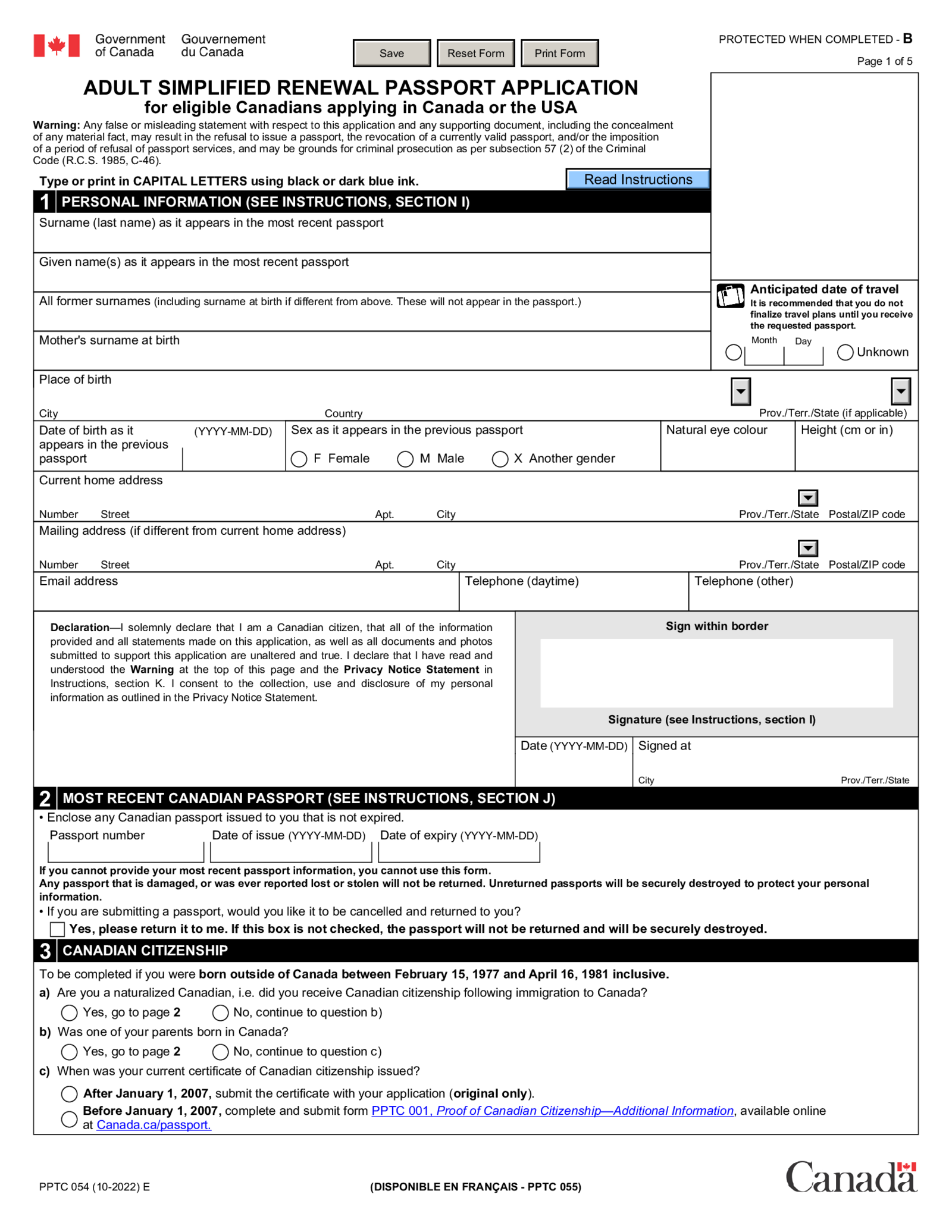 Adult Simplified Renewal Passport Application - Thumbnail