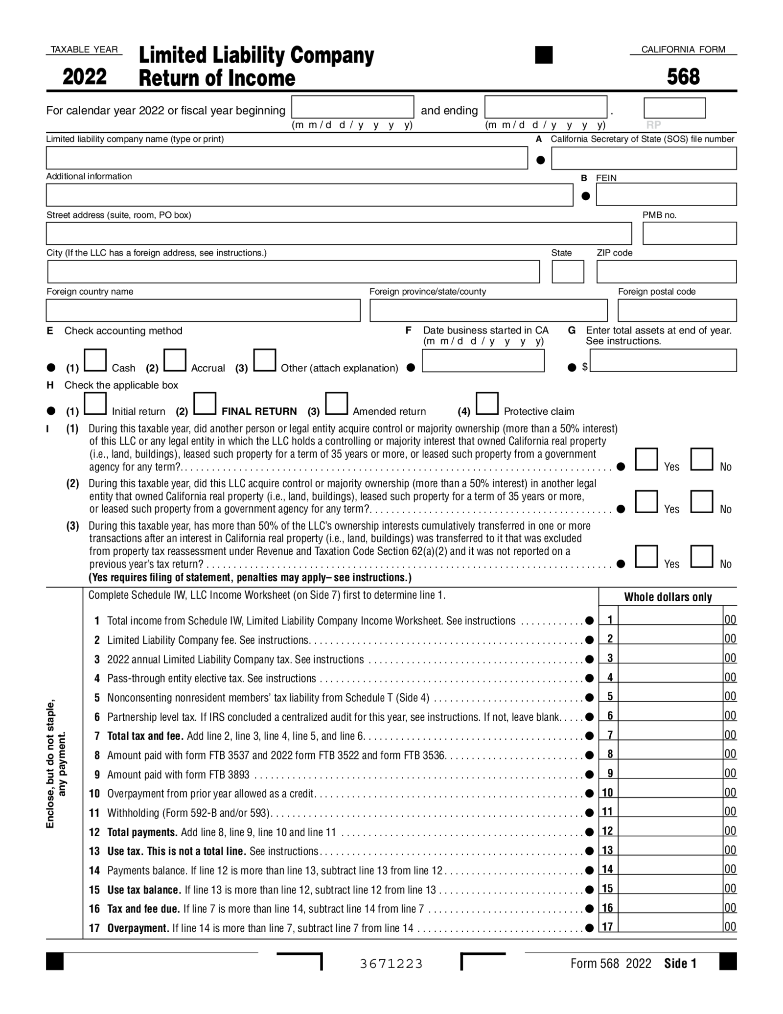 CA Form 568, Limited Liability Company Return of Income (2022) - Thumbnail