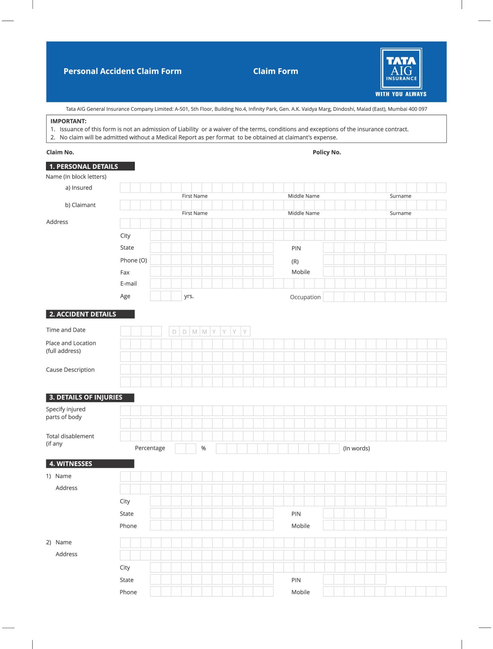 AIG Personal Accident Claim Form - Thumbnail