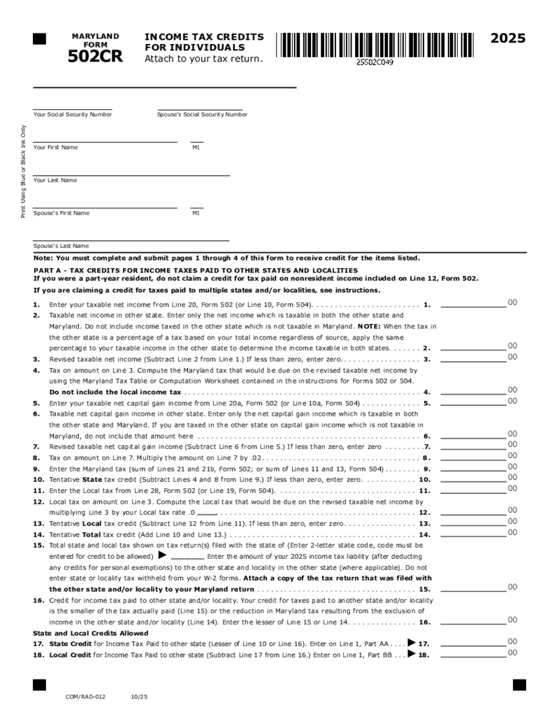 Maryland Form 502CR