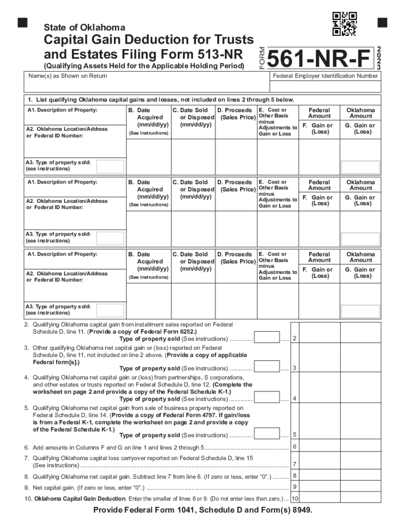 Form 561-NR-F Capital Gain Deduction for Trusts and Estates Filing Form 513NR