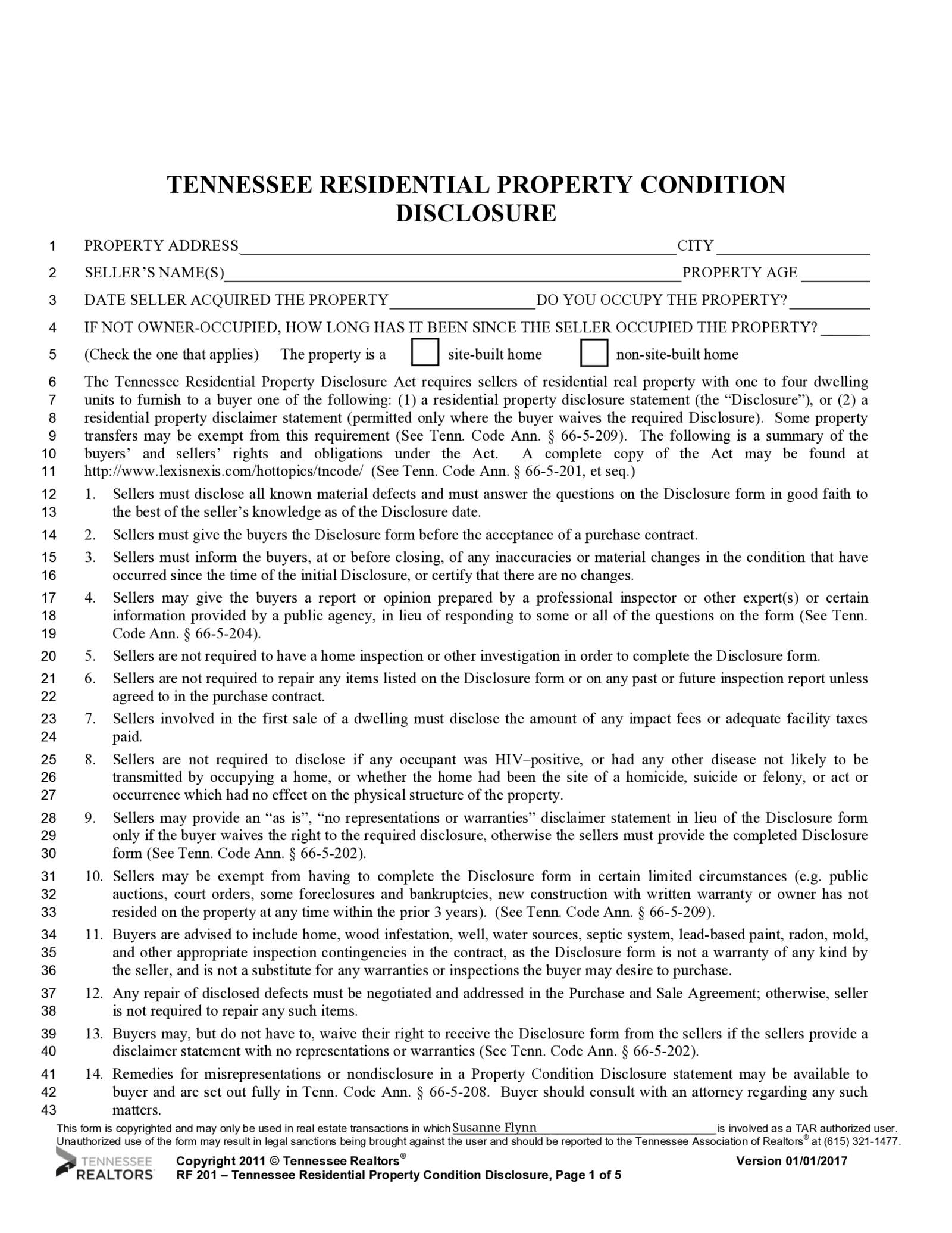 TN Residential Property Condition Disclosure - Thumbnail