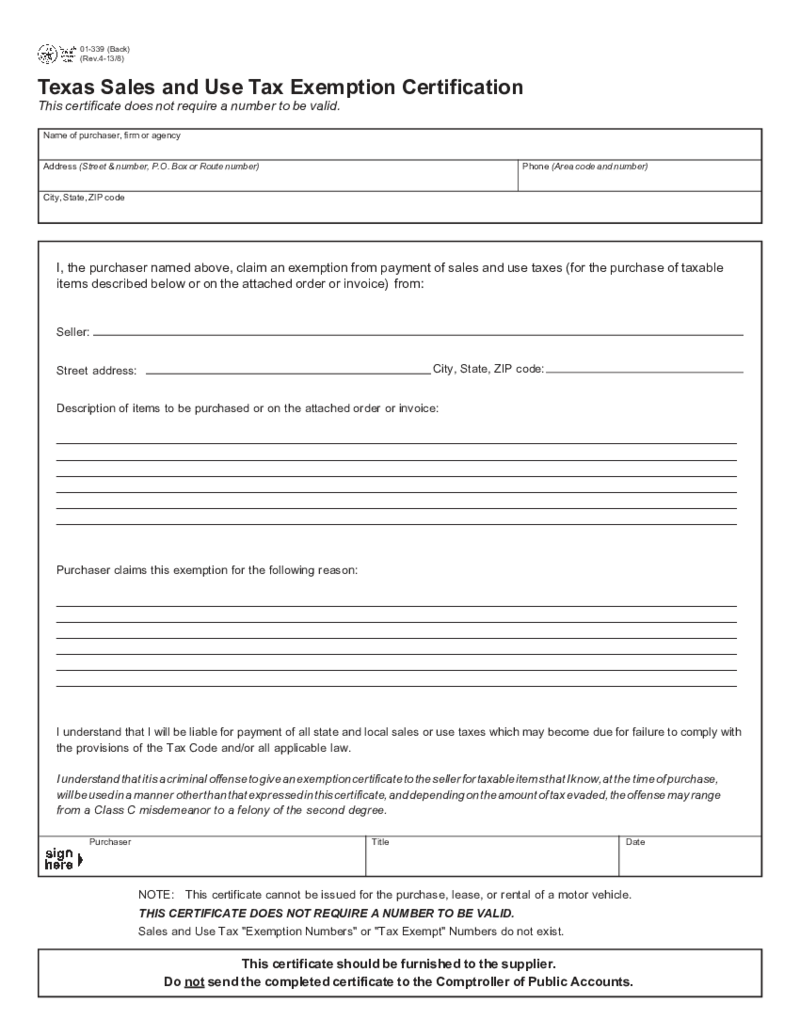 Texas Sales and Use Tax Exemption Certification