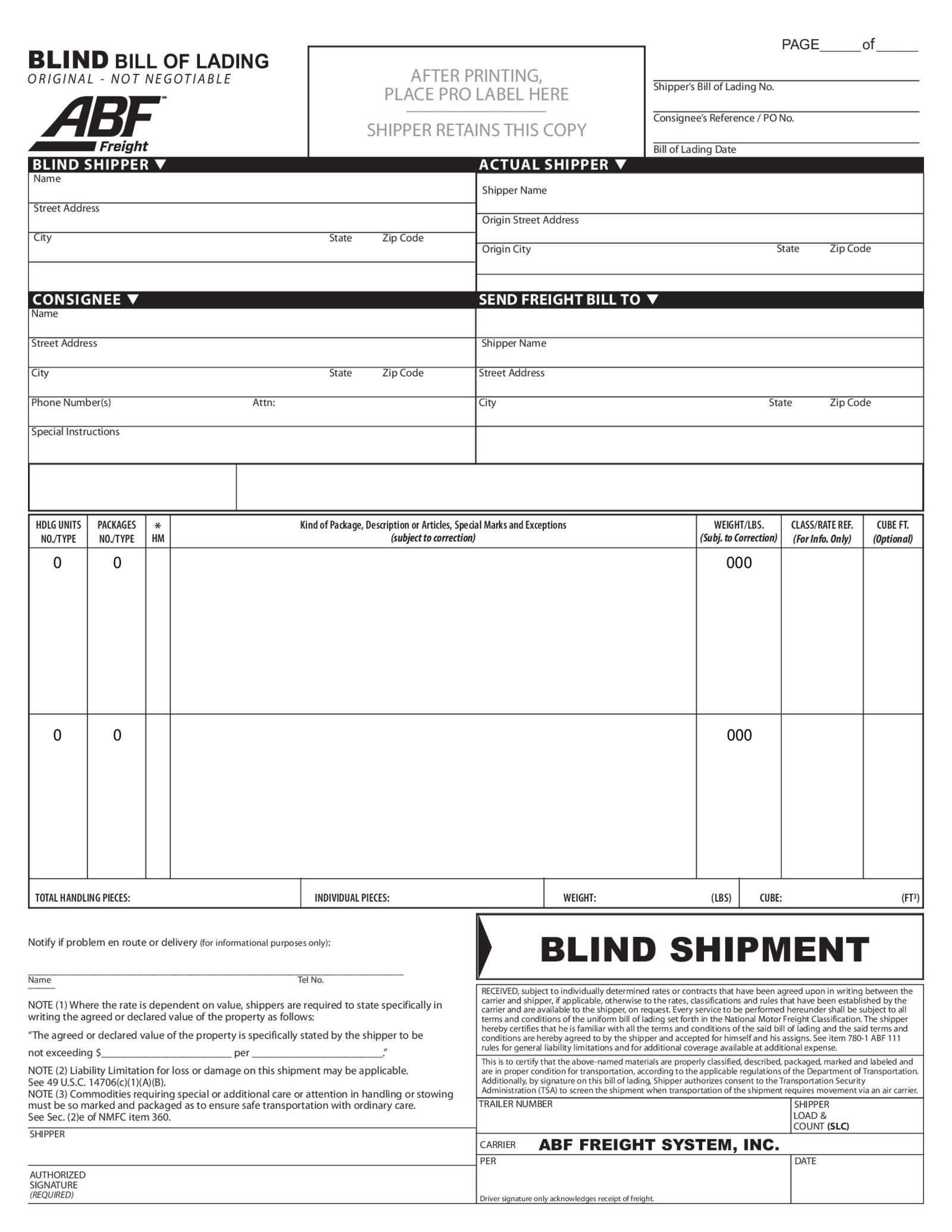 Fillable ABF Freight Blind Bill of Lading - Thumbnail