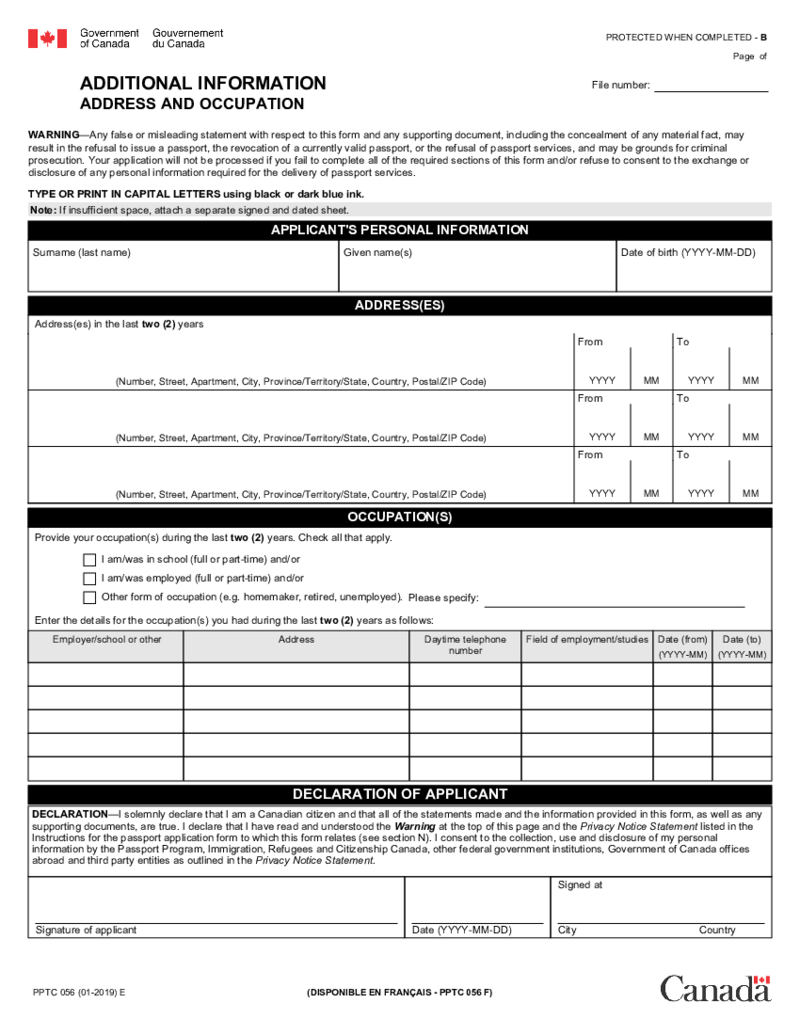 PPTC 056 E (2019) - Additional Information - Address and Occupation