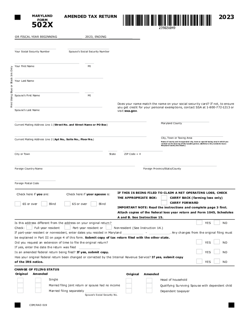 Maryland Form 502X