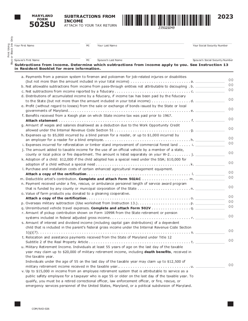 Maryland Form 502SU