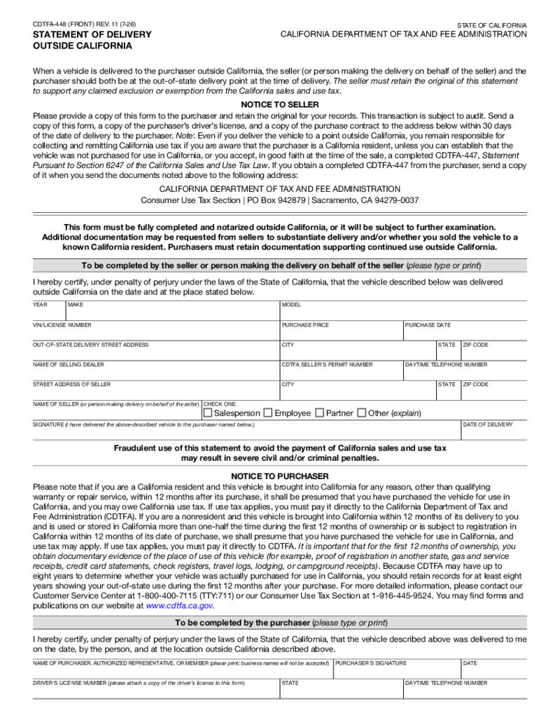 CDTFA-448 Statement of Delivery Outside California