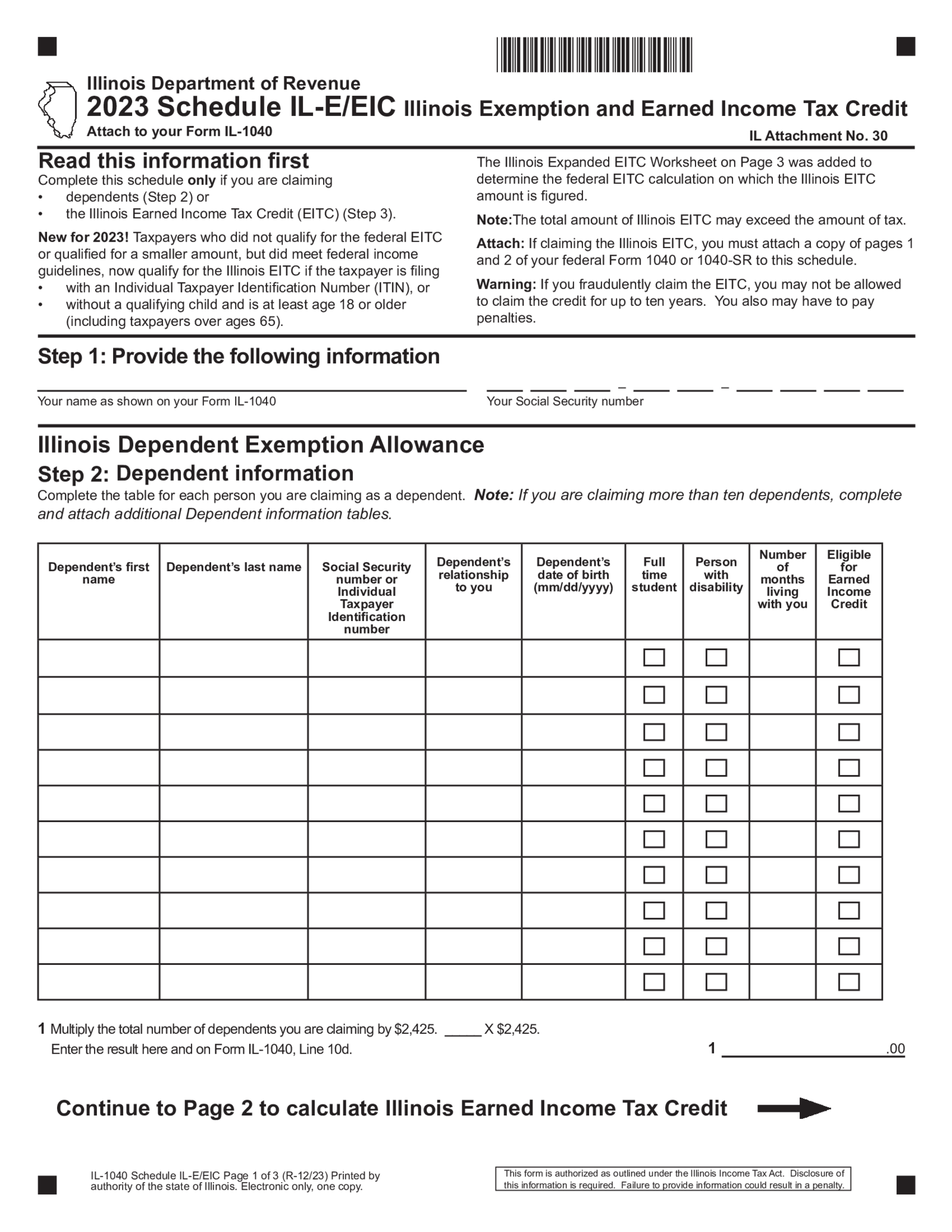 Illinois Tax Form Schedule IL-E-EIC - Thumbnail