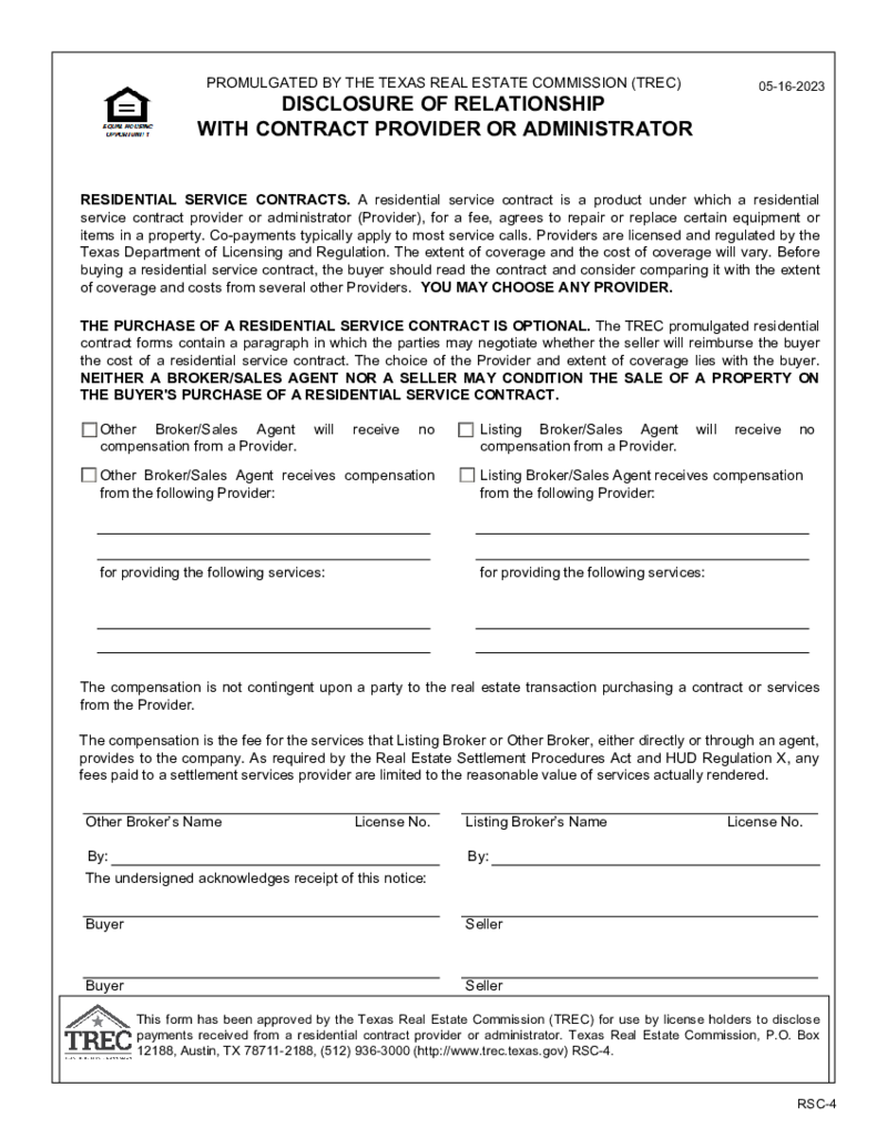 TREC Disclosure of Relationship with Residential Service Company