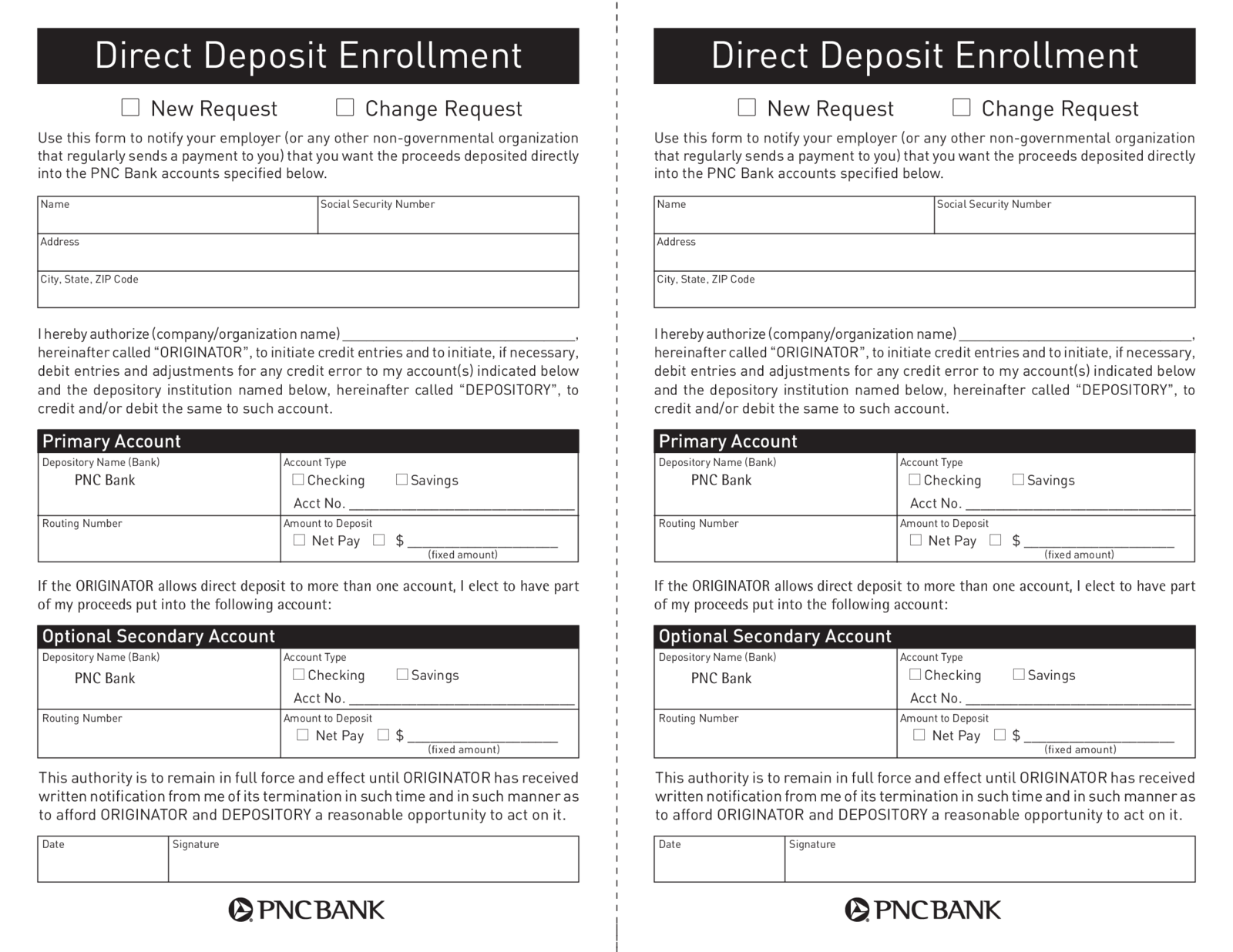 PNC Bank Direct Deposit Form - Thumbnail