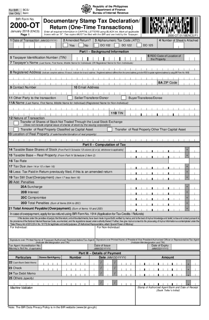 BIR Form 2000-OT