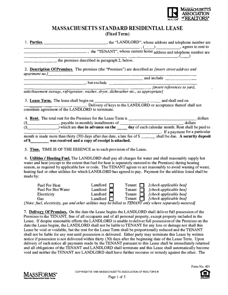 Massachusetts Standard Residential Lease Agreement - Form 401