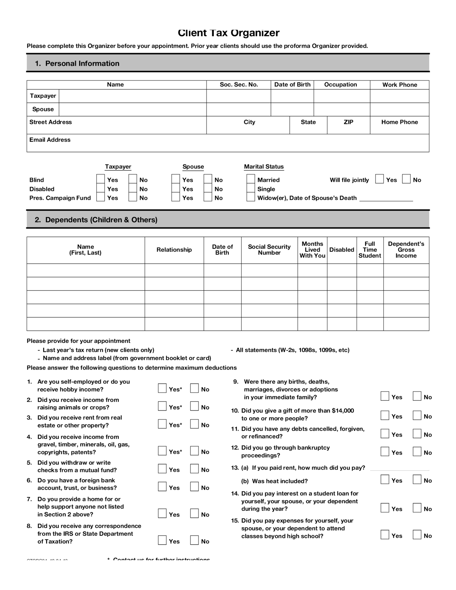 Fillable Client Tax Organizer - Thumbnail