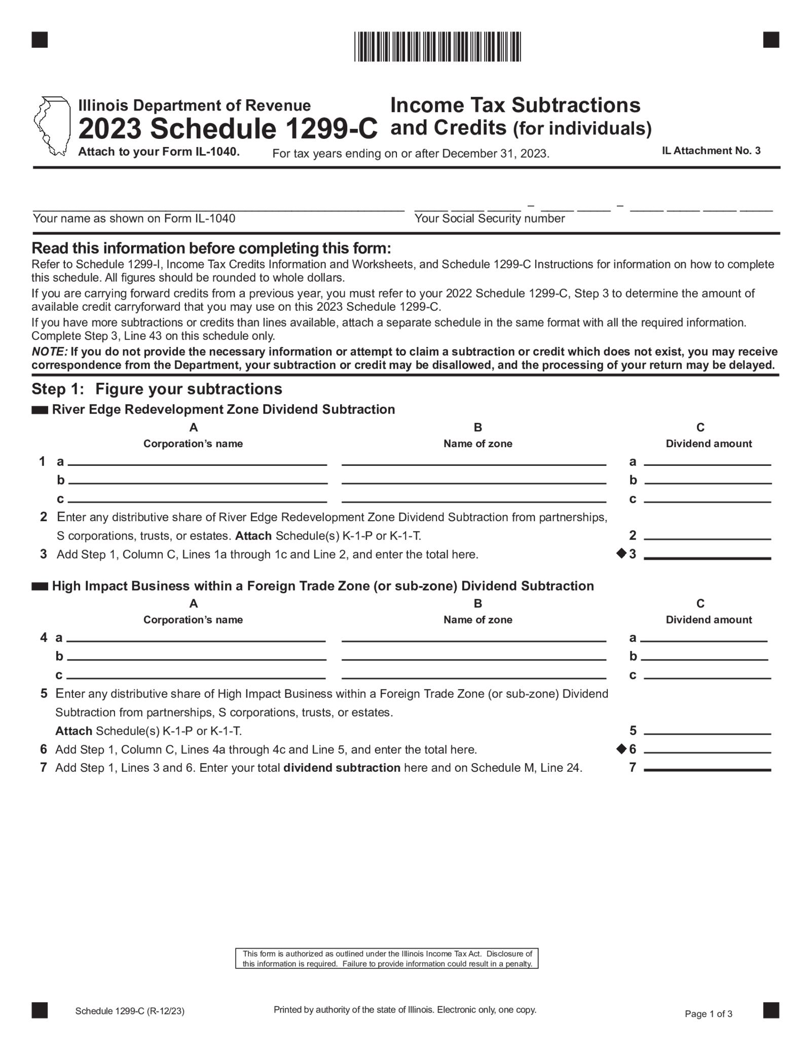 Illinois Tax Form Schedule 1299-C - Thumbnail