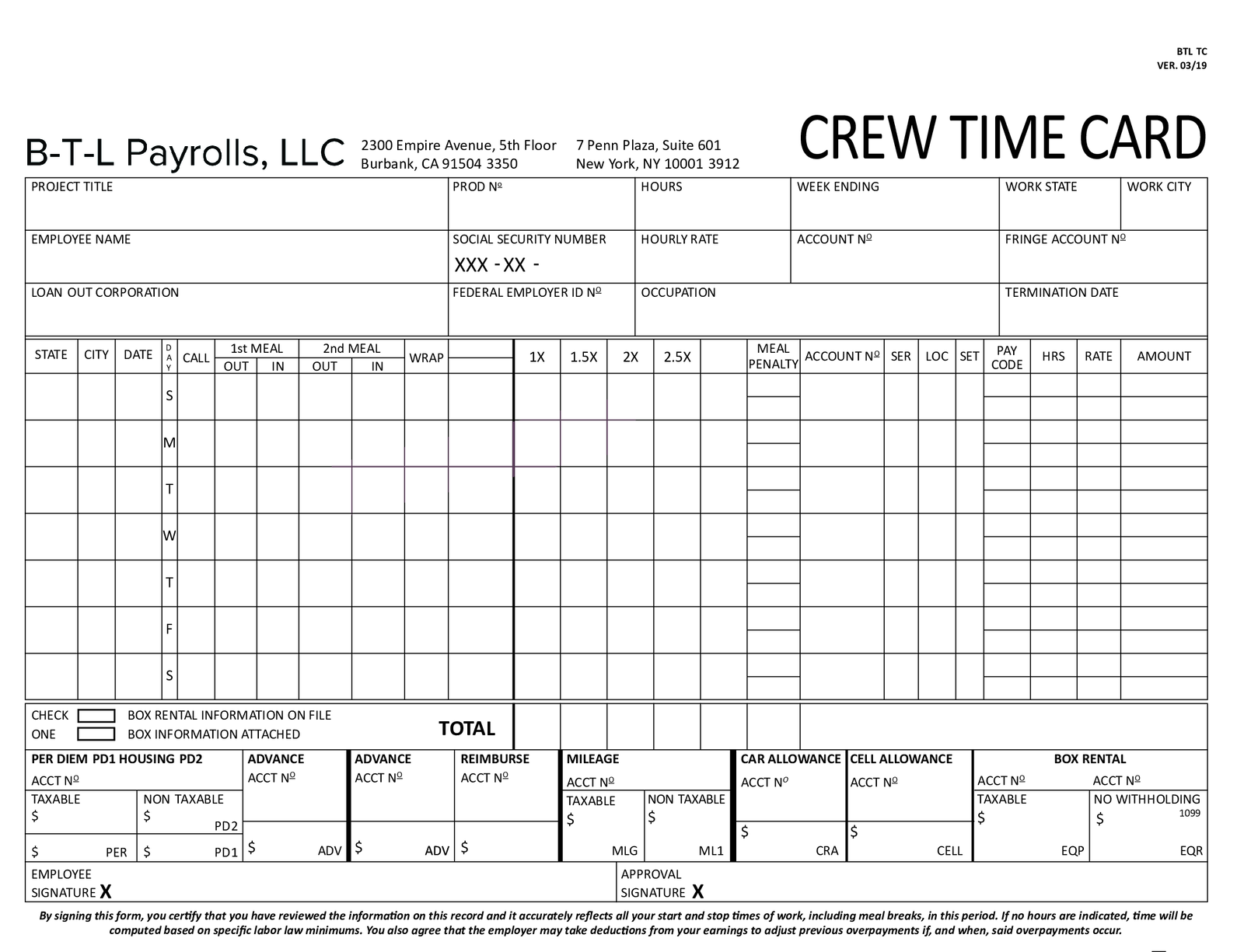 B-T-L Payrolls Crew Time Card - Thumbnail